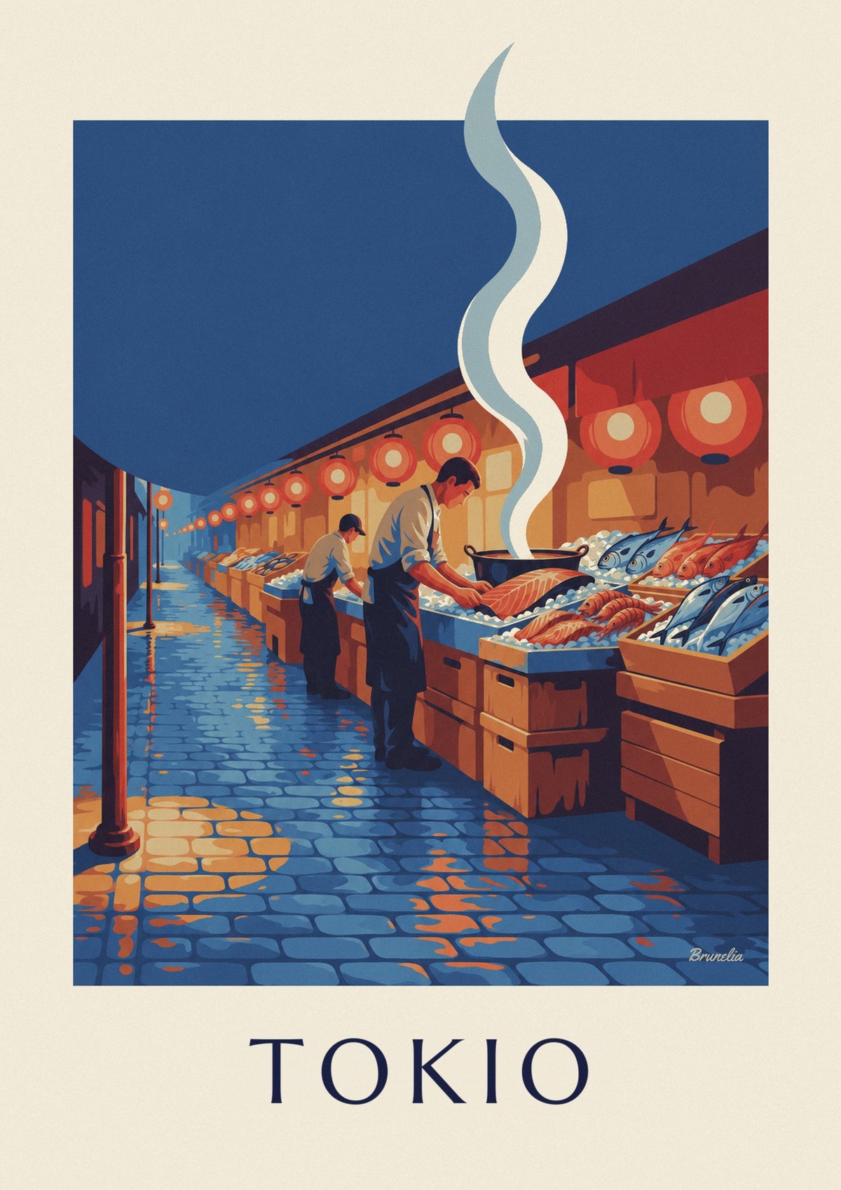 Poster vismarkt in Tokio onder de lantaarns