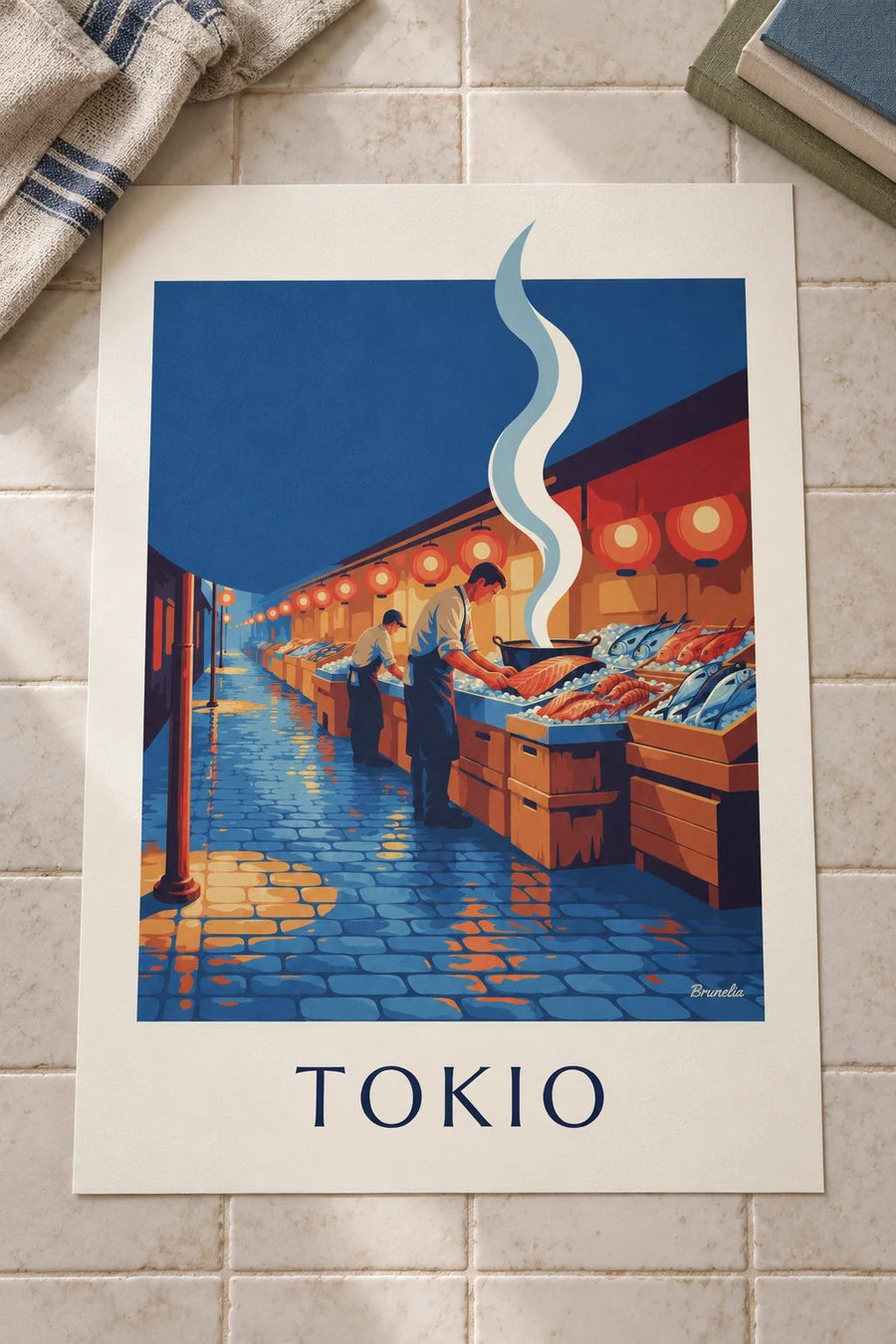 Poster vismarkt in Tokio onder de lantaarns: plat op een tafel