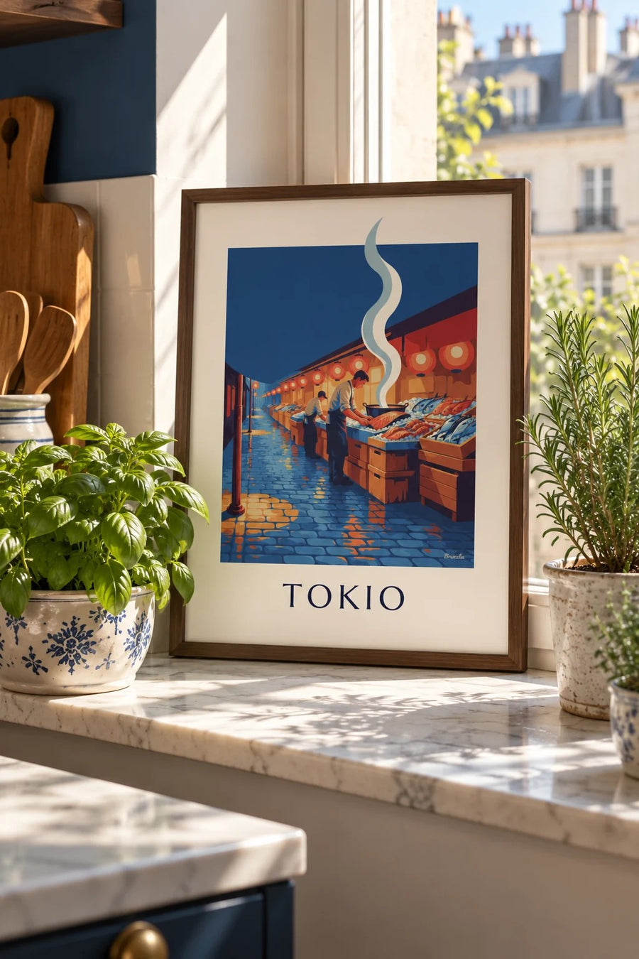 Poster vismarkt in Tokio onder de lantaarns: klein A4-formaat in lijst