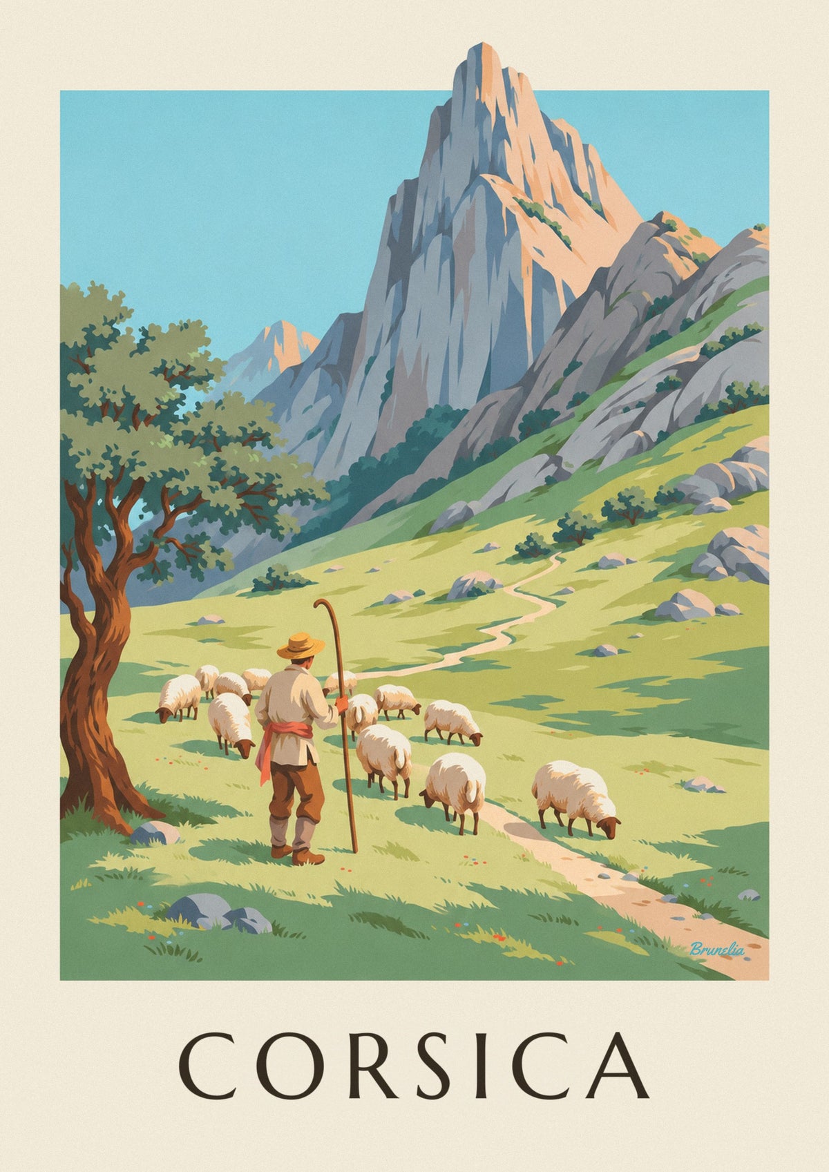 Poster herder met schapen in de Corsicaanse bergen