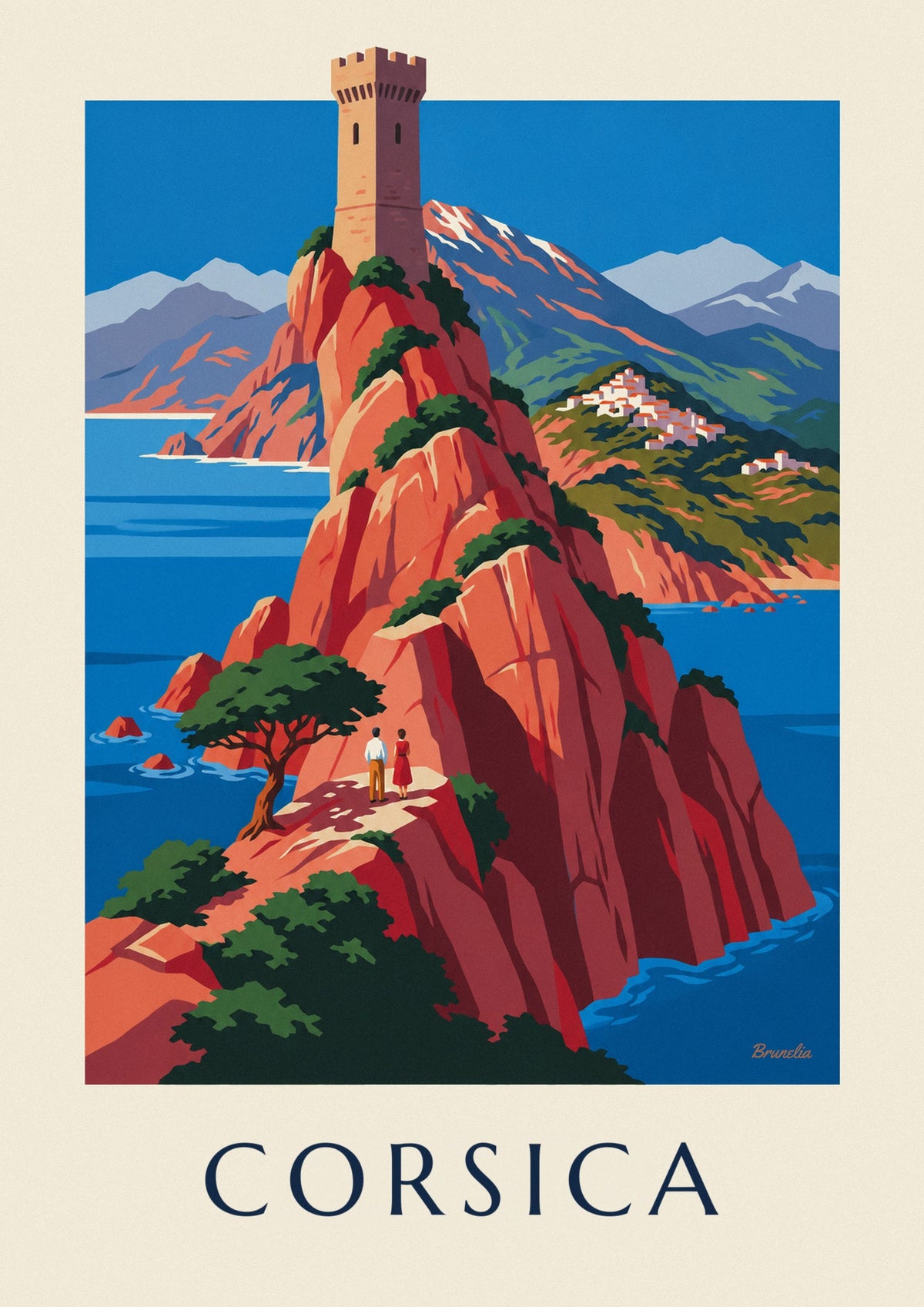 Poster ruige kust van Corsica, rode kliffen en Monte Cinto