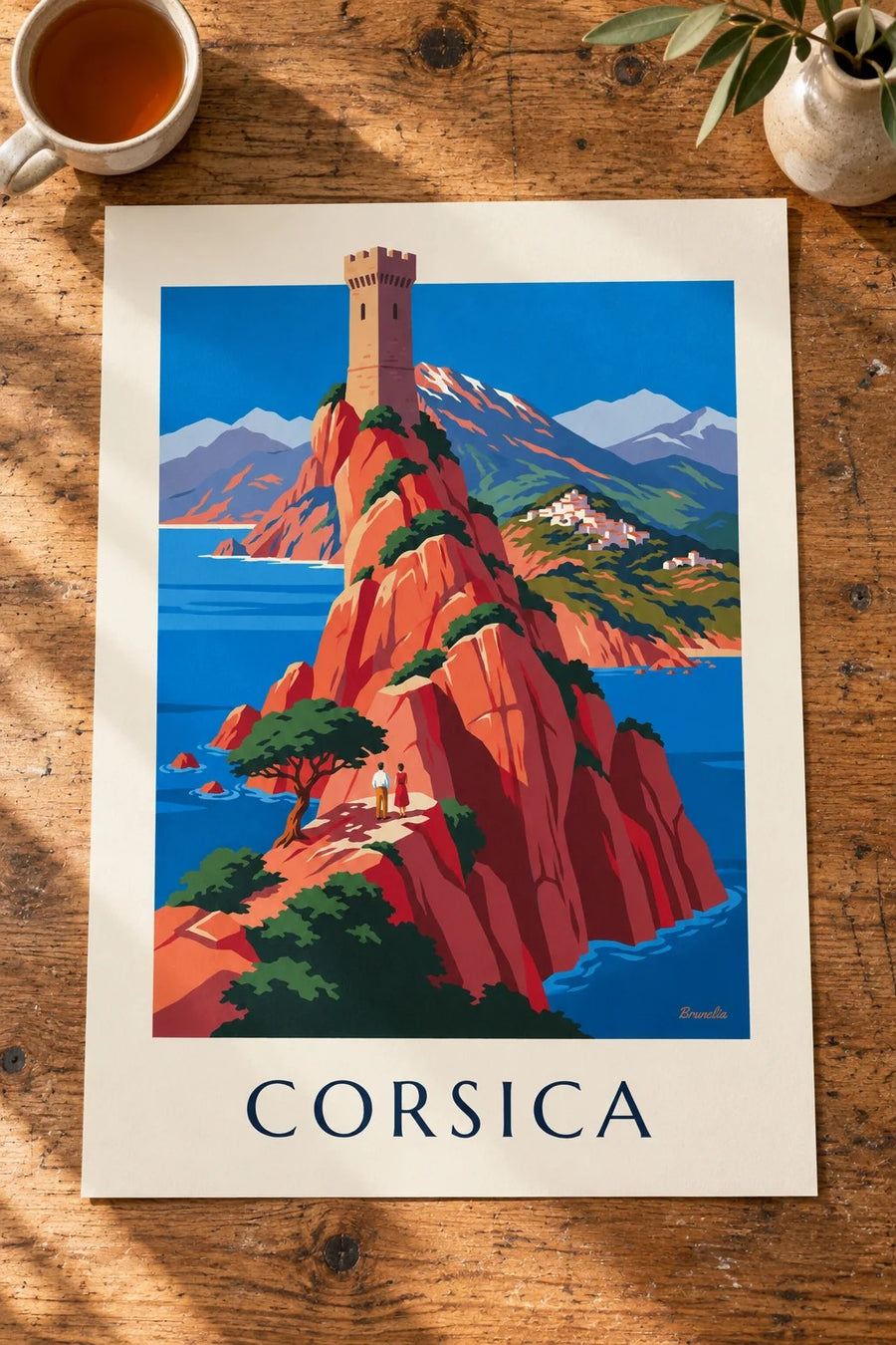 Poster ruige kust van Corsica, rode kliffen en Monte Cinto: plat op een tafel