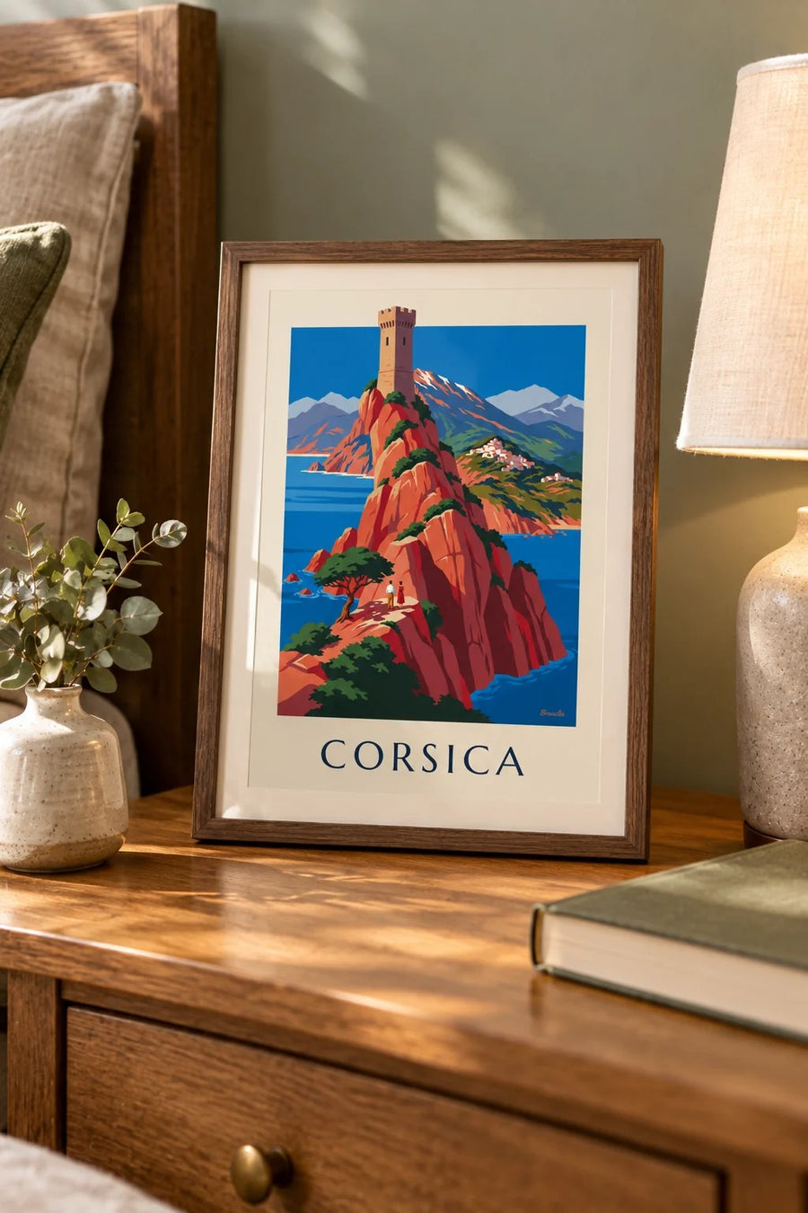 Poster ruige kust van Corsica, rode kliffen en Monte Cinto: klein formaat A4 ingelijst