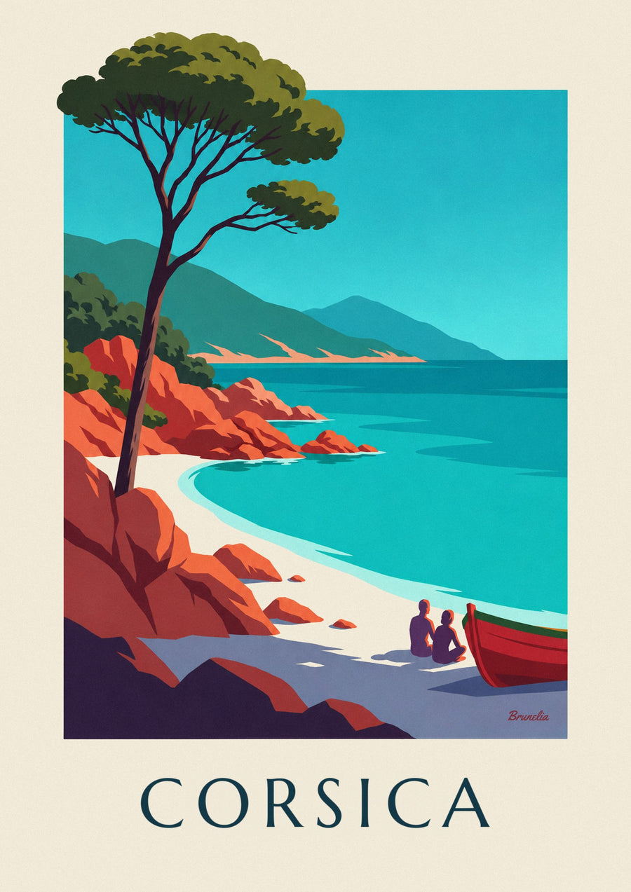 Poster Corsicaanse baai, rode granieten rotsen en parasolden