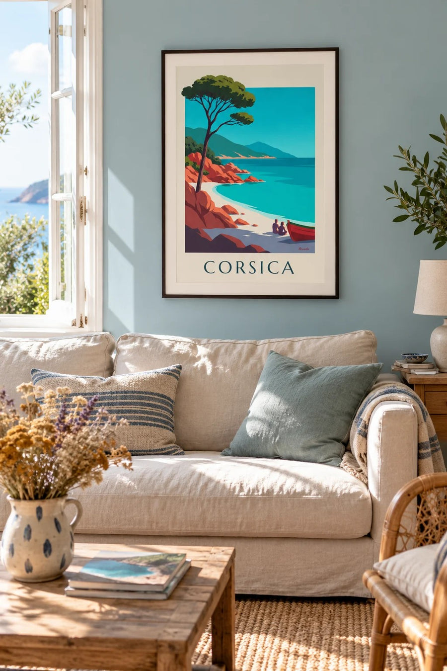Poster Corsicaanse baai, rode granieten rotsen en parasolden: ingelijst aan de muur