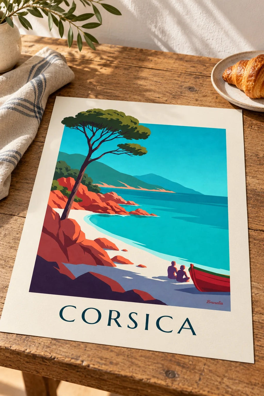 Poster Corsicaanse baai, rode granieten rotsen en parasolden: op een tafel