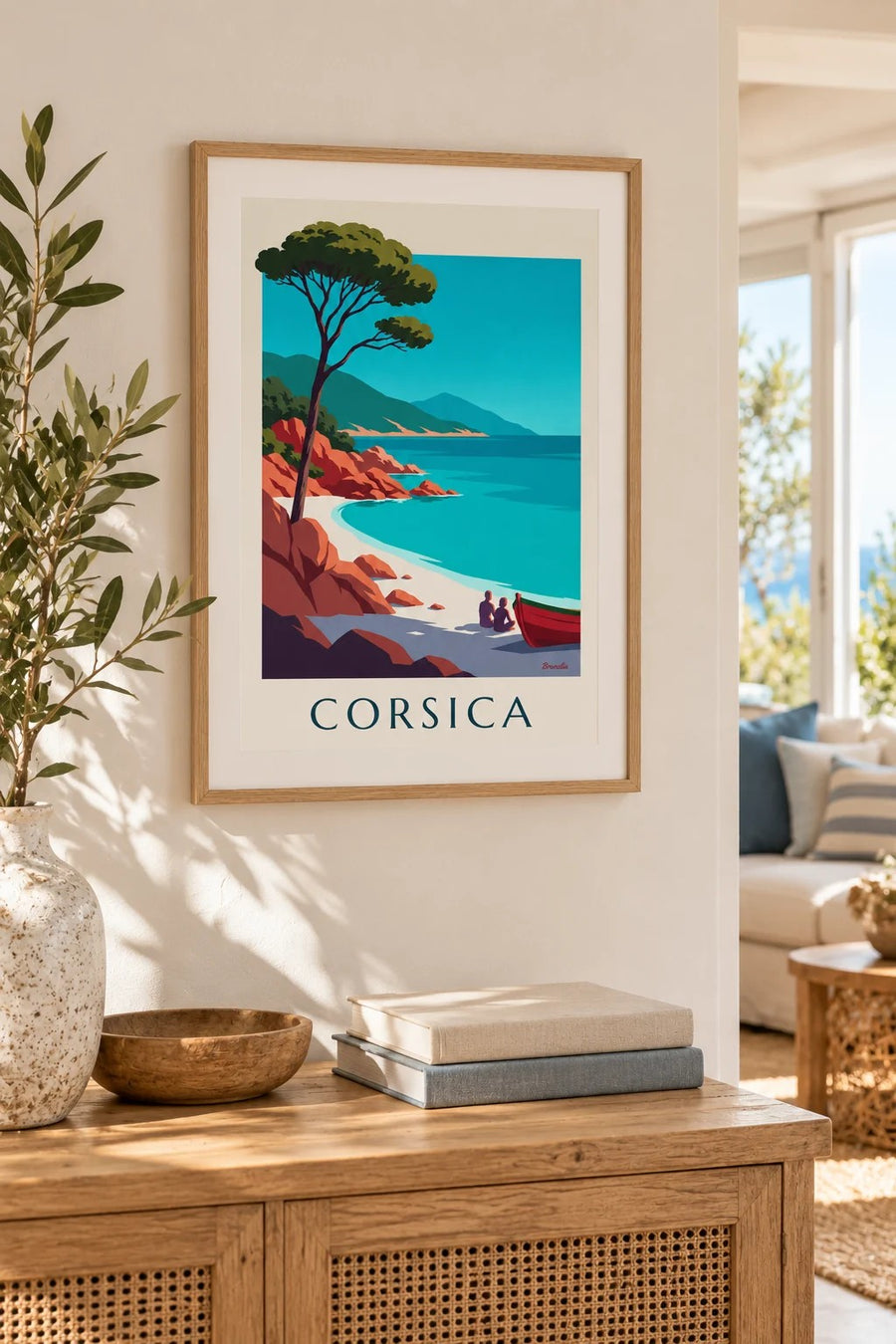 Poster Corsicaanse baai, rode granieten rotsen en parasolden: klein formaat A4 ingelijst