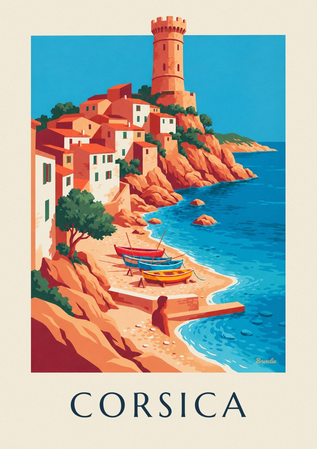 Poster kustdorp, Genuese toren en boten op Corsica