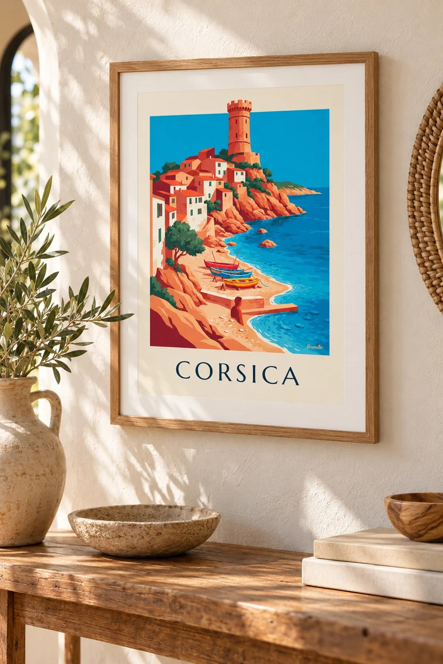 Poster kustdorp, Genuese toren en boten op Corsica: klein A4-formaat, ingelijst
