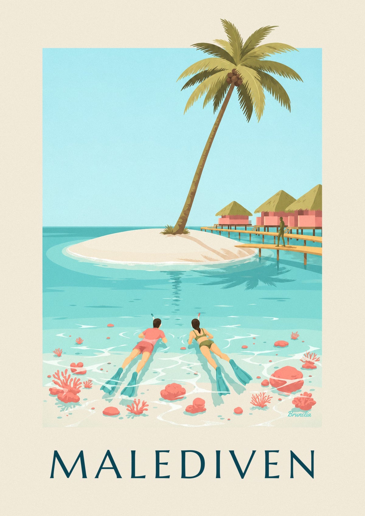 Poster Malediven, snorkelaars boven de koralen van de lagune