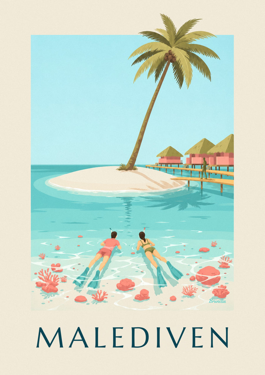 Poster Malediven, snorkelaars boven de koralen van de lagune