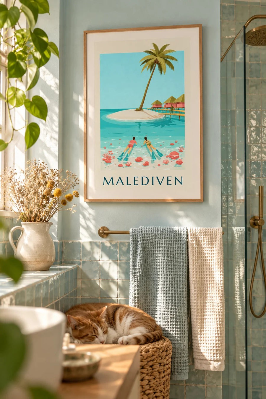 Poster Malediven, snorkelaars boven de koralen van de lagune: ingelijst aan de muur