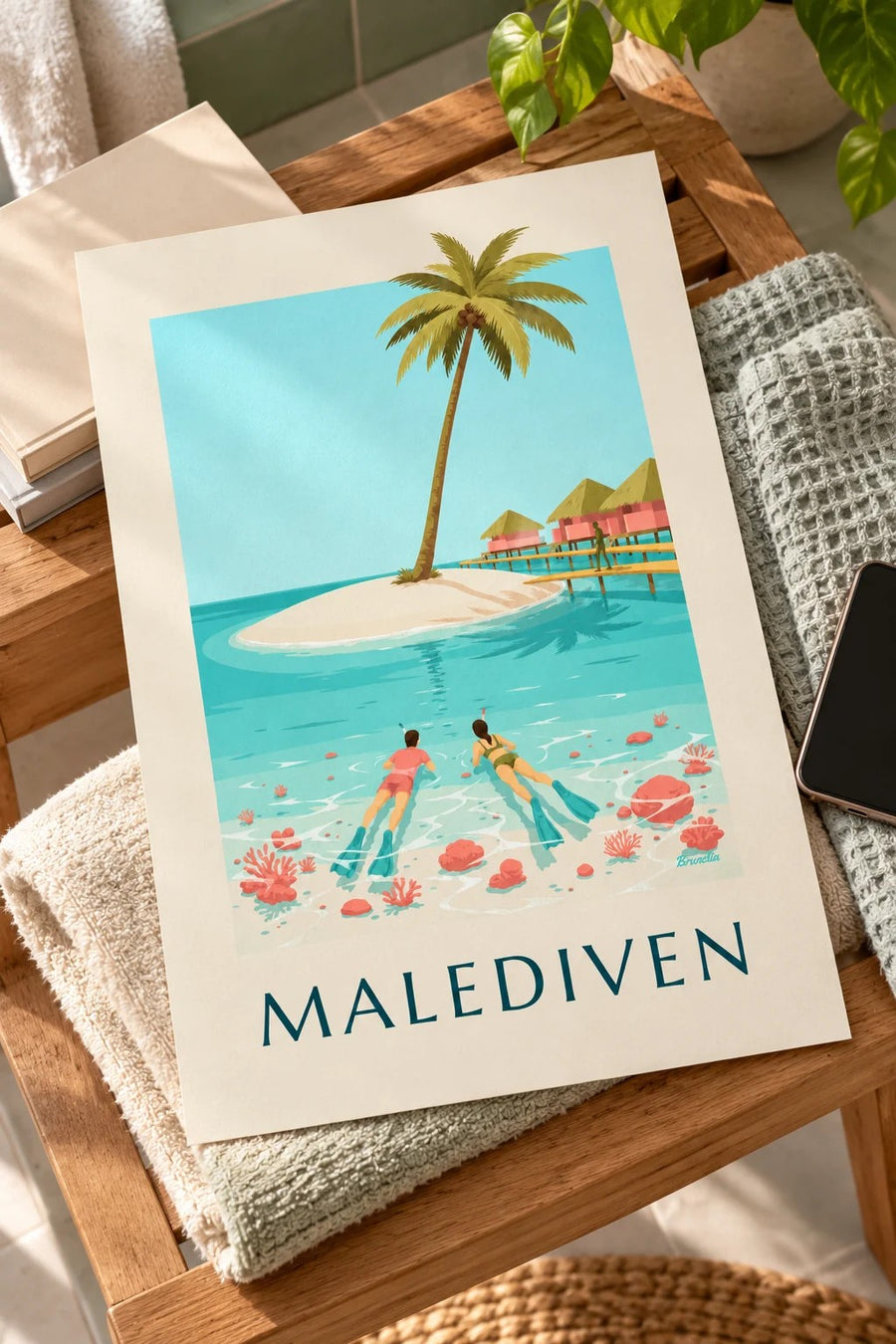 Poster Malediven, snorkelaars boven de koralen van de lagune: plat op een tafel