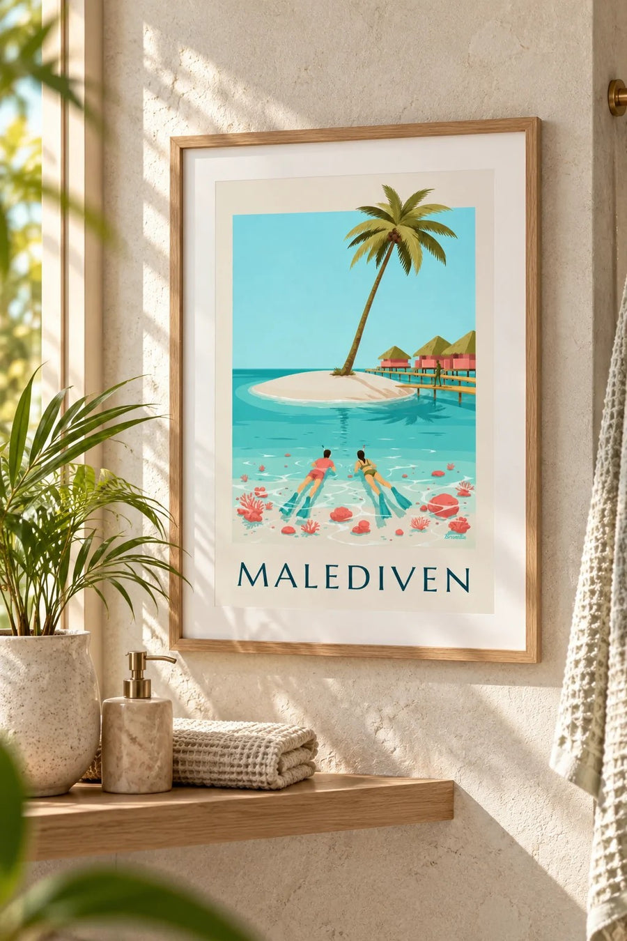 Poster Malediven, snorkelaars boven de koralen van de lagune: klein A4-formaat ingelijst