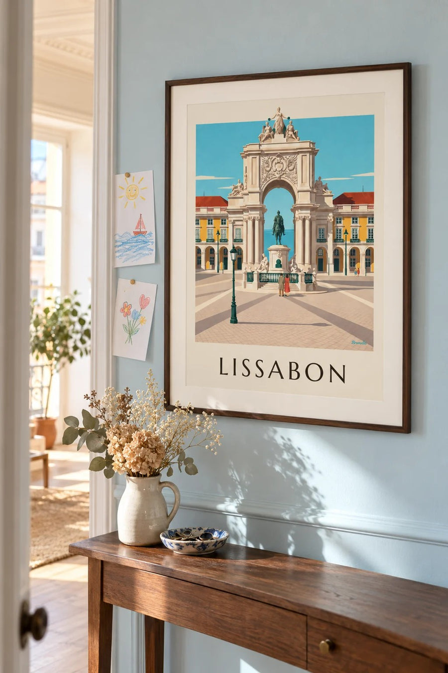 Poster Handelsplein en Rua Augusta-boog in Lissabon: ingelijst aan de muur