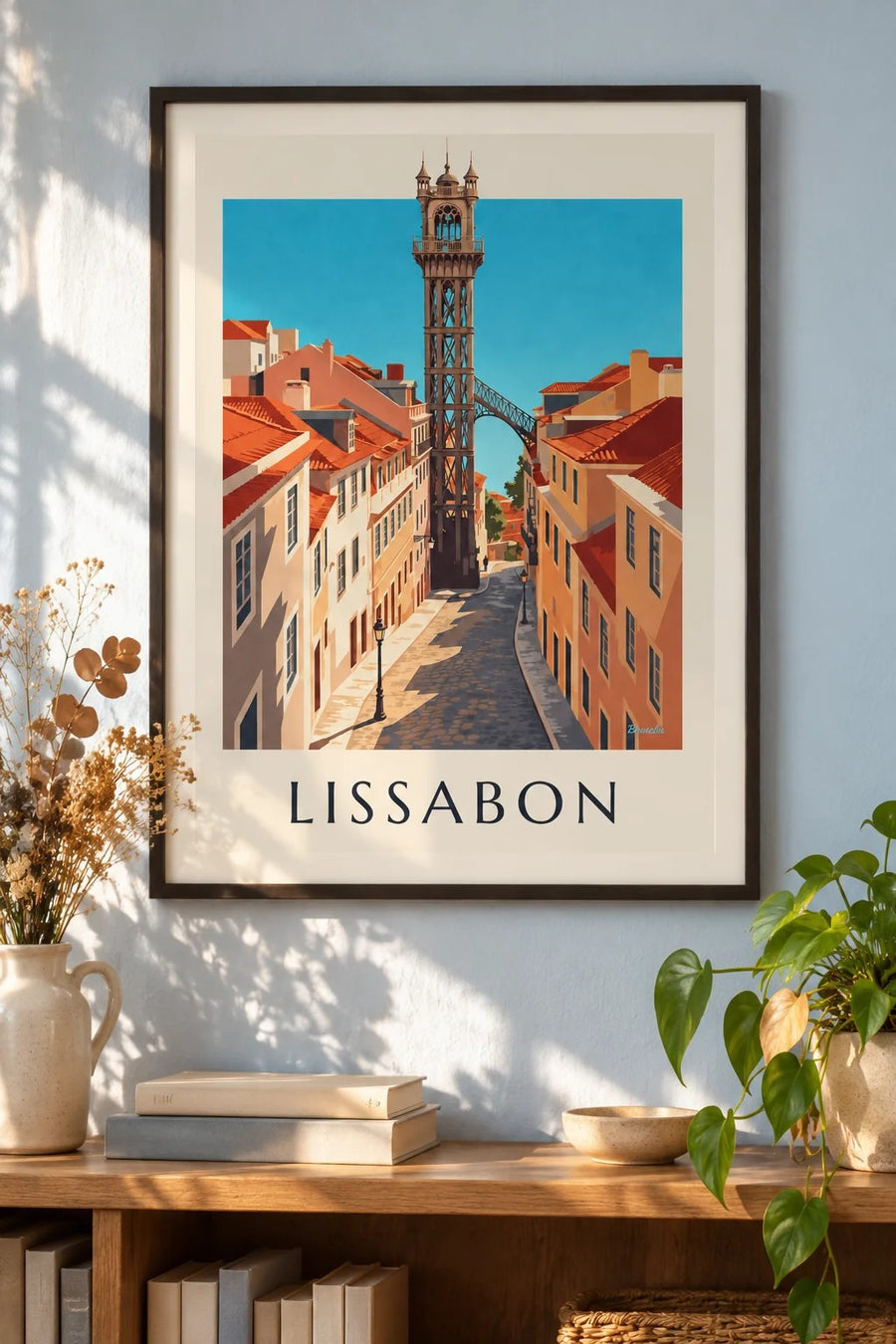 Poster Santa Justa-lift in Lissabon: ingelijst aan de muur