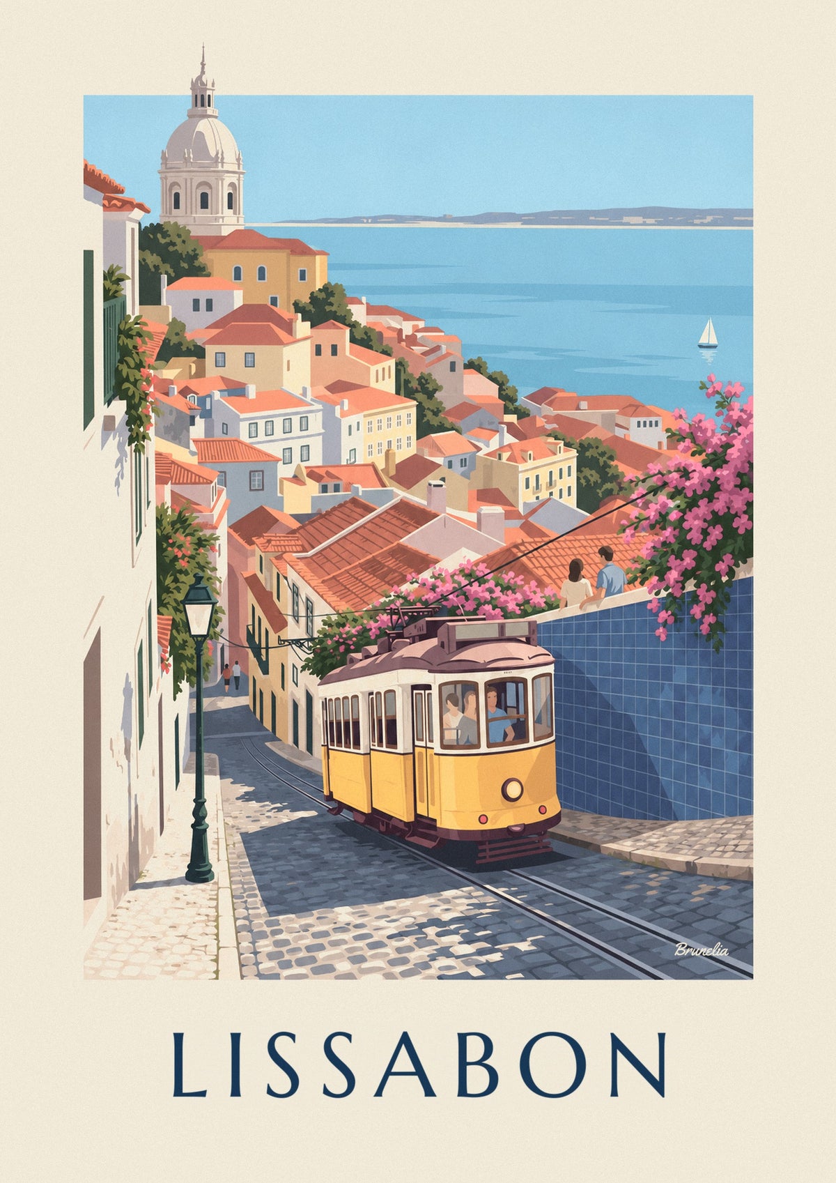 Poster gele tram in een geplaveide straat in Lissabon met uitzicht op de Taag