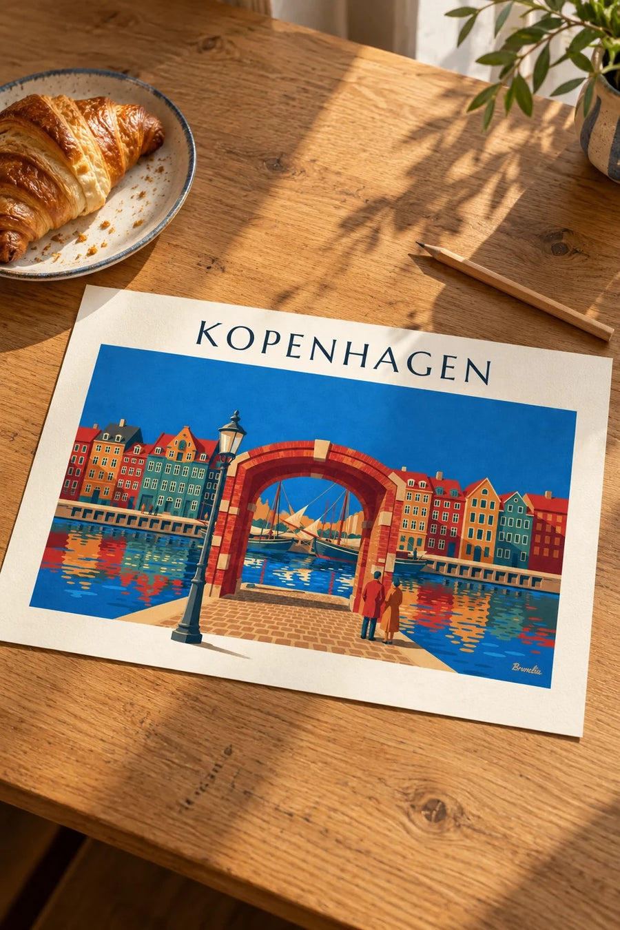 Poster kleurrijke huizen en oude zeilschepen in Nyhavn, Kopenhagen: plat op een tafel