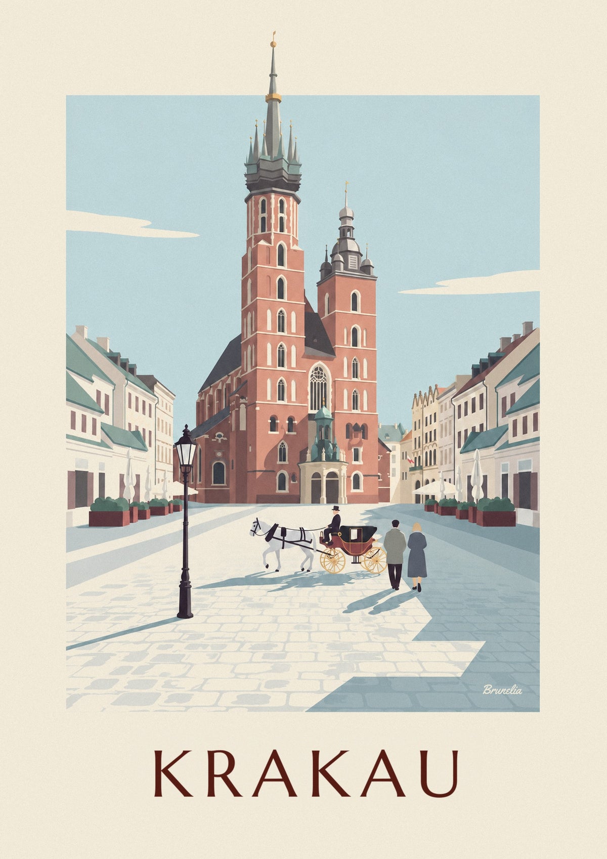 Poster Mariabasiliek en koets op het plein van Krakau