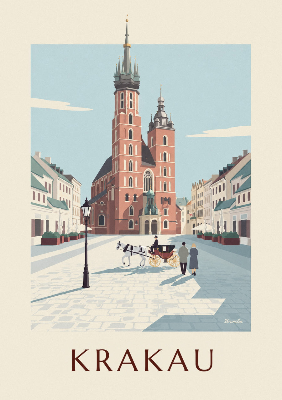 Poster Mariabasiliek en koets op het plein van Krakau