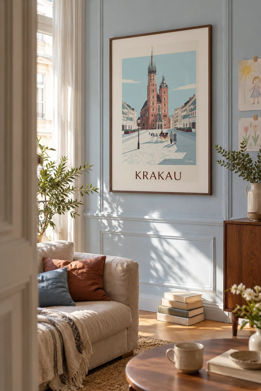 Poster Mariabasiliek en koets op het plein van Krakau: ingelijst aan de muur