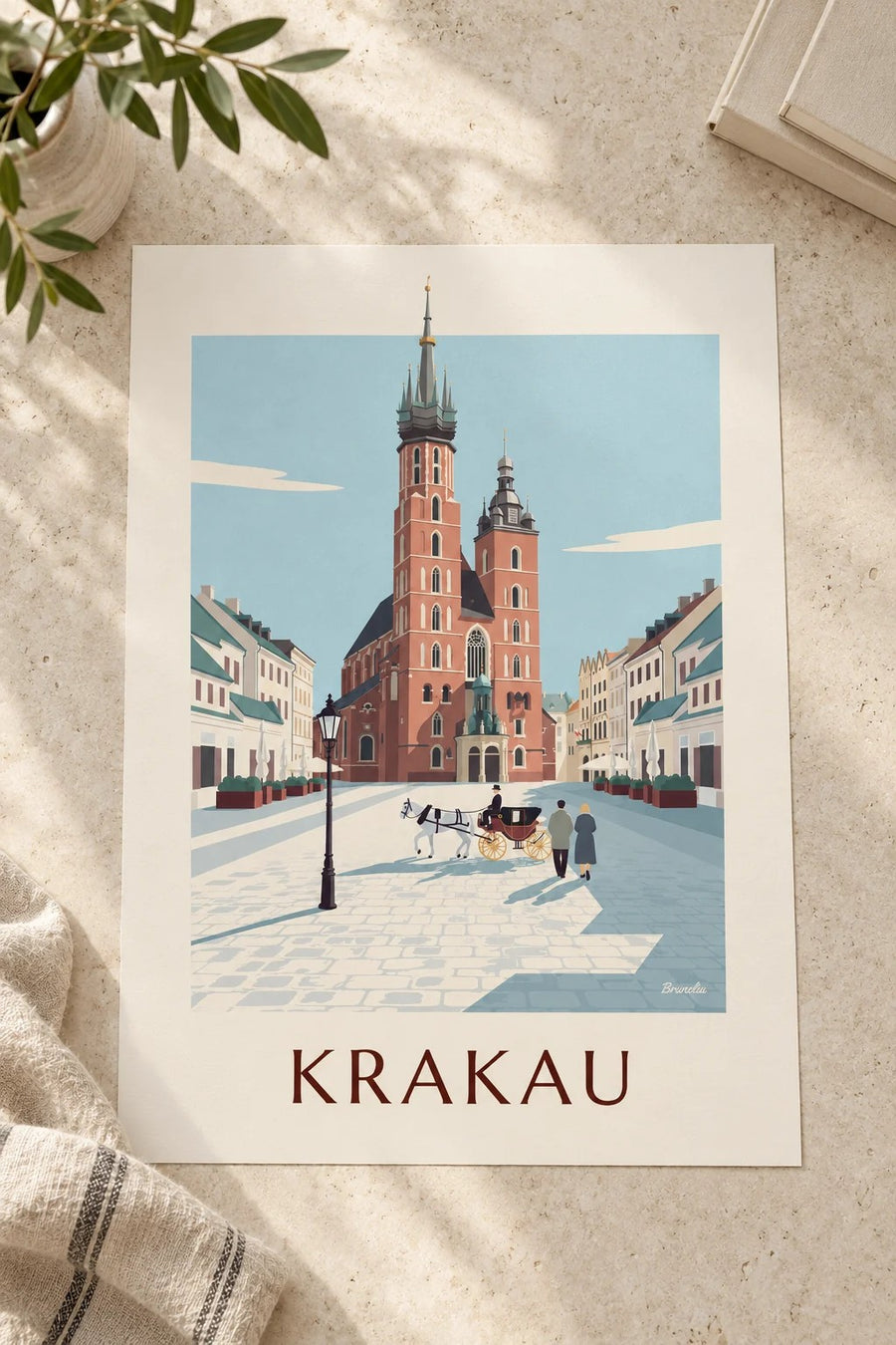 Poster Mariabasiliek en koets op het plein van Krakau: poster op een tafel