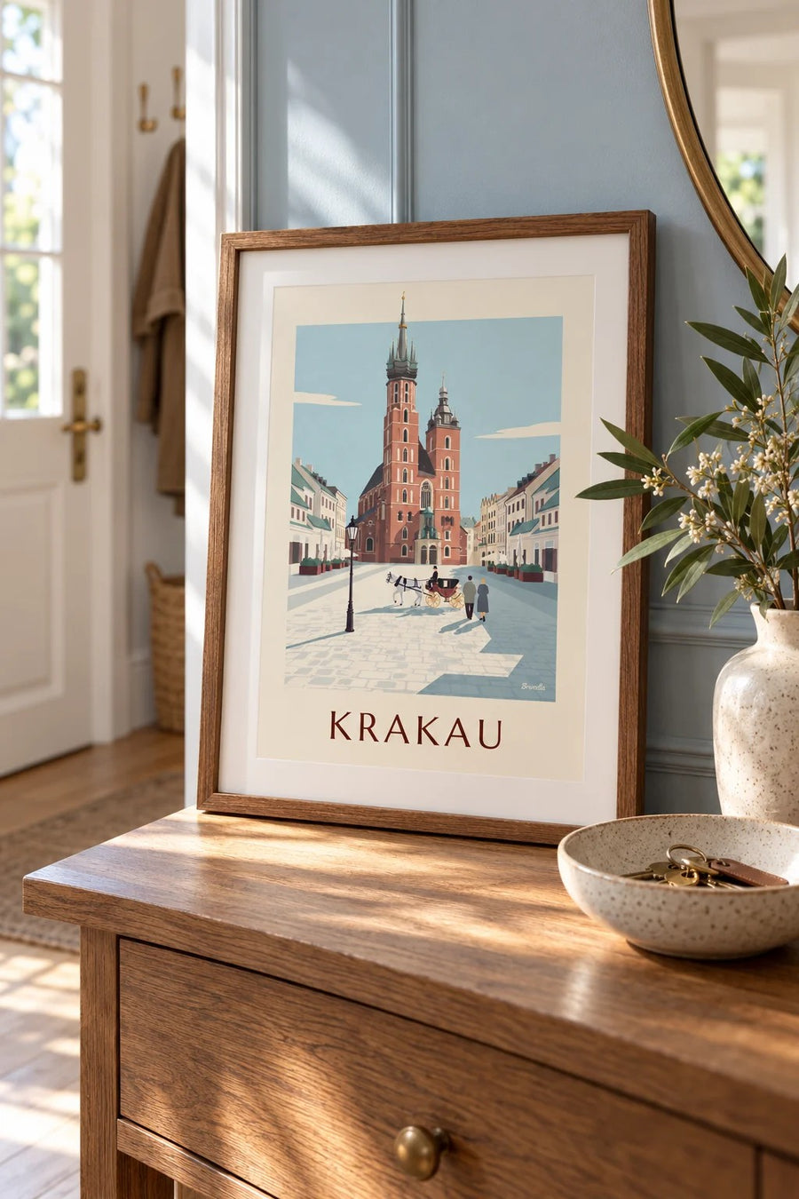 Poster Mariabasiliek en koets op het plein van Krakau: klein A4-formaat, ingelijst
