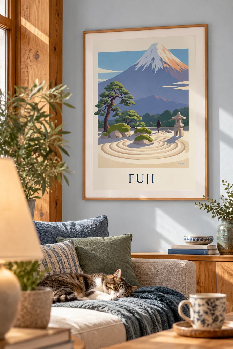 Poster Japanse zentuin met uitzicht op de Fuji: ingelijst aan de muur