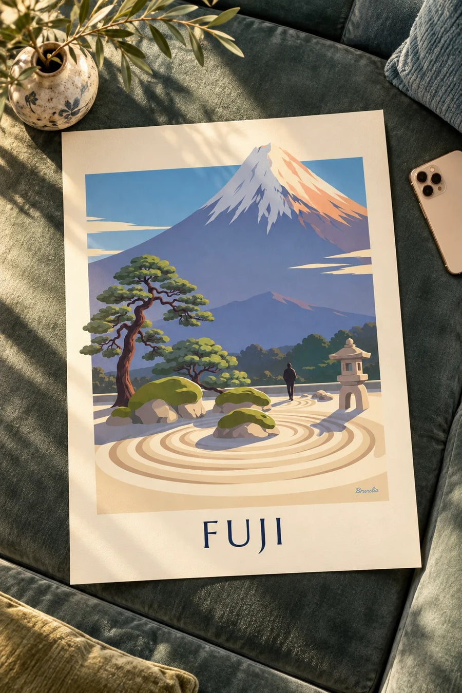 Poster Japanse zentuin met uitzicht op de Fuji: op een tafel