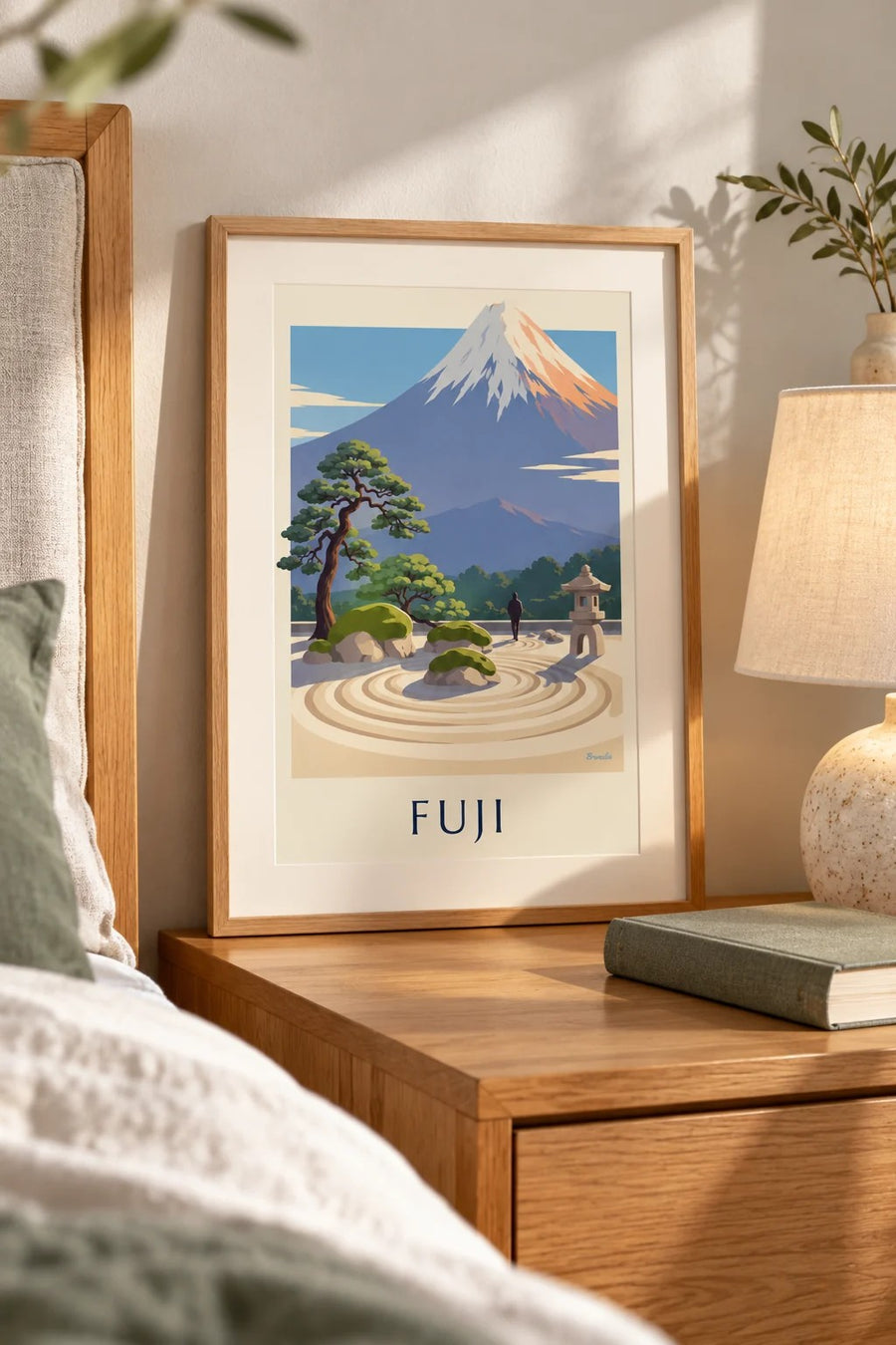 Poster Japanse zentuin met uitzicht op de Fuji: klein A4-formaat, ingelijst