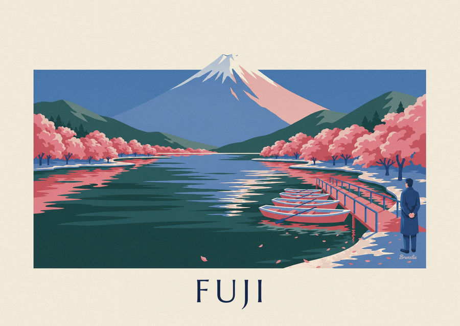 Poster berg Fuji, kersenbloesem en roeibootjes aan de steiger