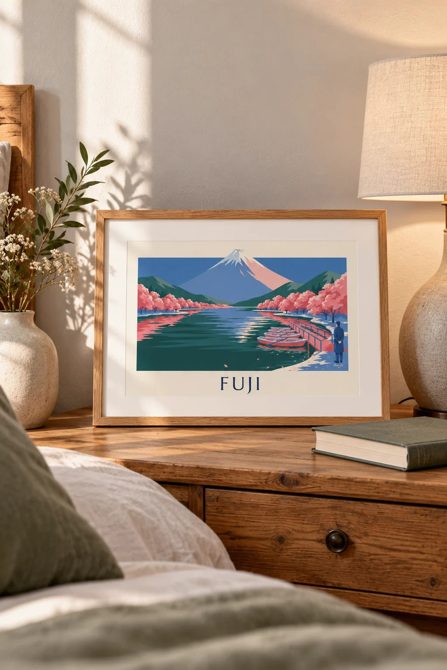 Poster berg Fuji, kersenbloesem en roeibootjes aan de steiger: klein formaat A4 ingelijst