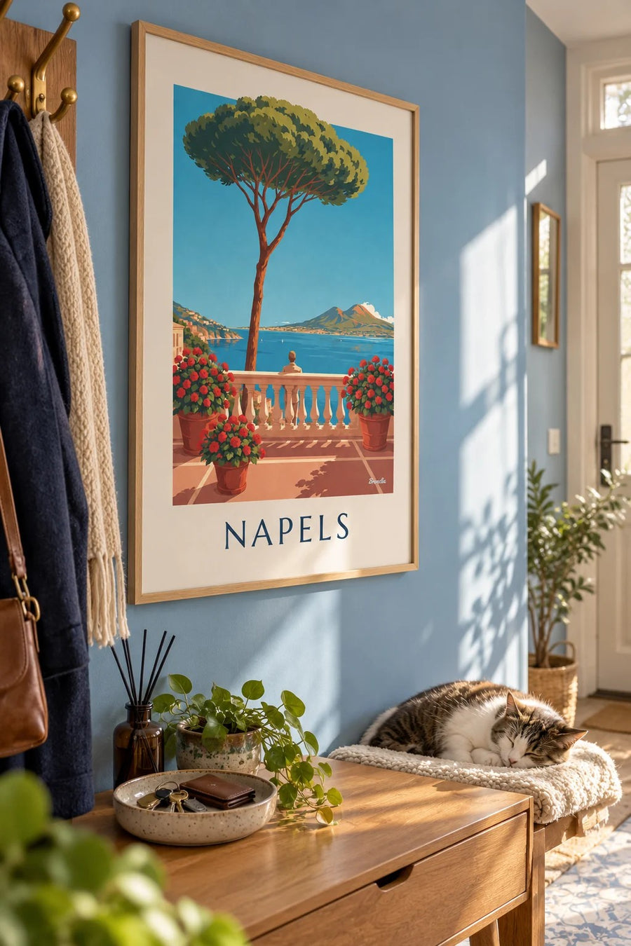 Poster Napels baai en Vesuvius gezien vanaf het terras: ingelijst aan de muur