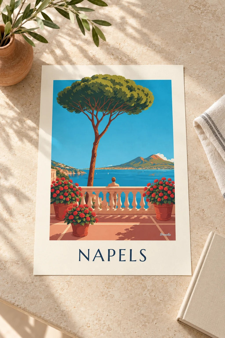 Poster Napels baai en Vesuvius gezien vanaf het terras: op een tafel