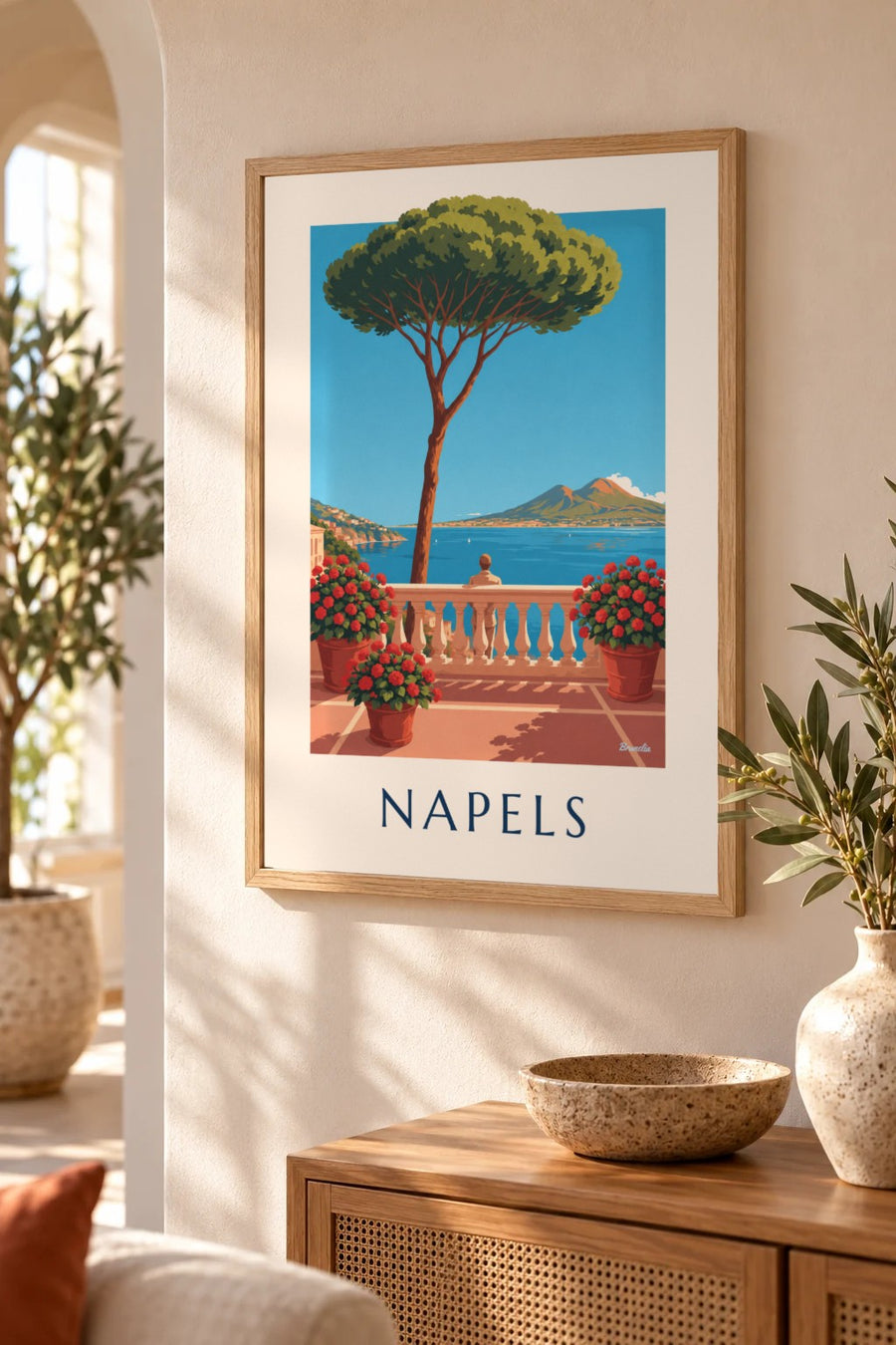 Poster Napels baai en Vesuvius gezien vanaf het terras: klein A4-formaat, ingelijst