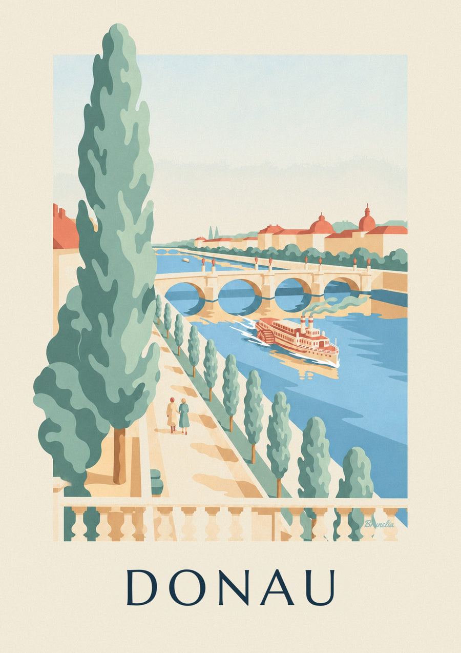 Poster wandeling langs de Donau en raderstoomboot