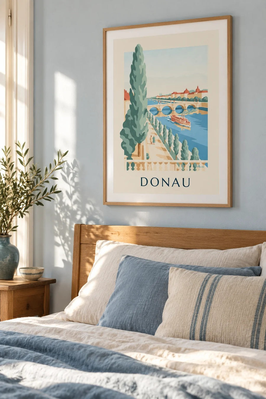 Poster wandeling langs de Donau en raderstoomboot: ingelijst aan de muur