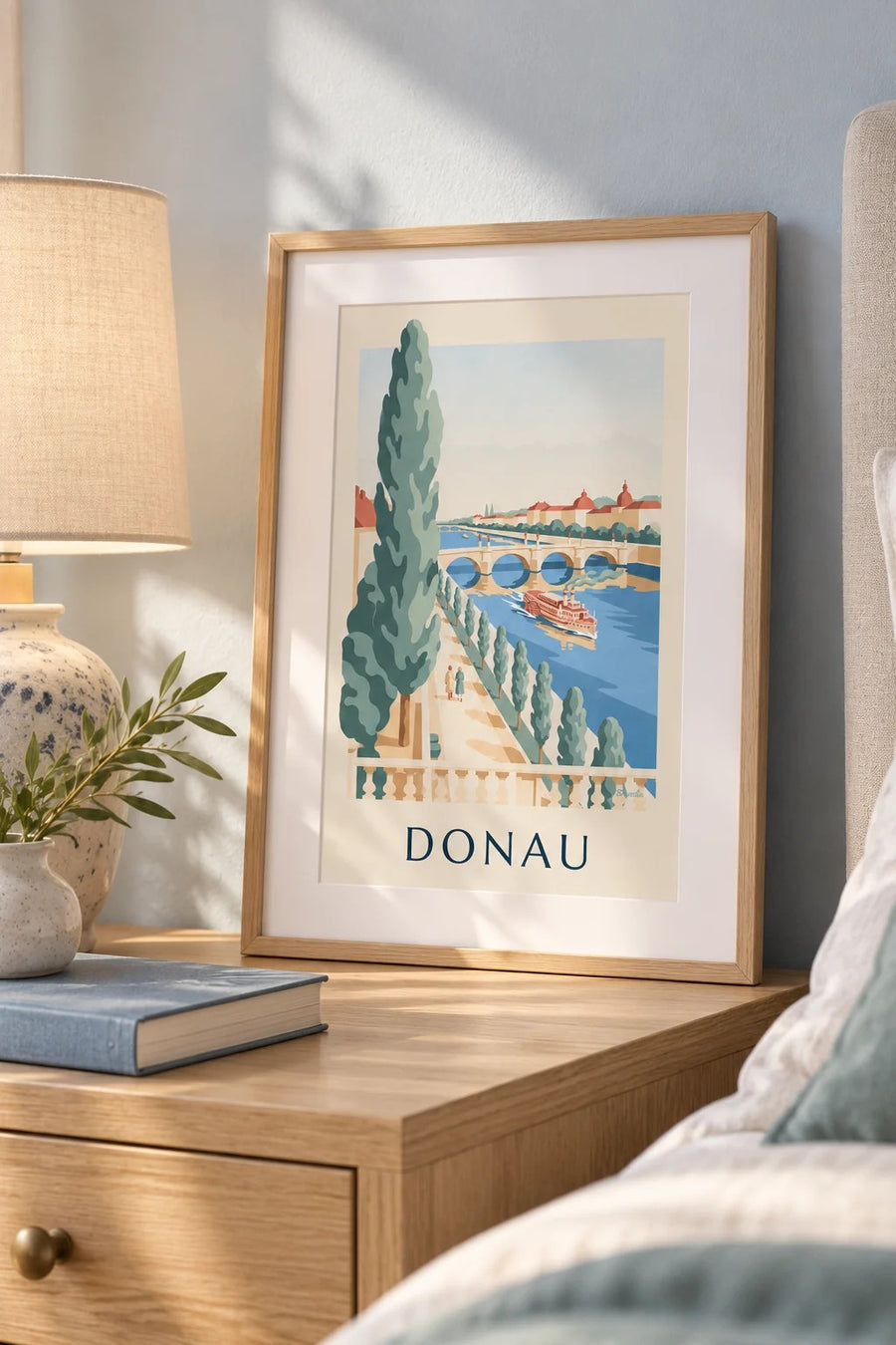 Poster wandeling langs de Donau en raderstoomboot: klein formaat A4 ingelijst