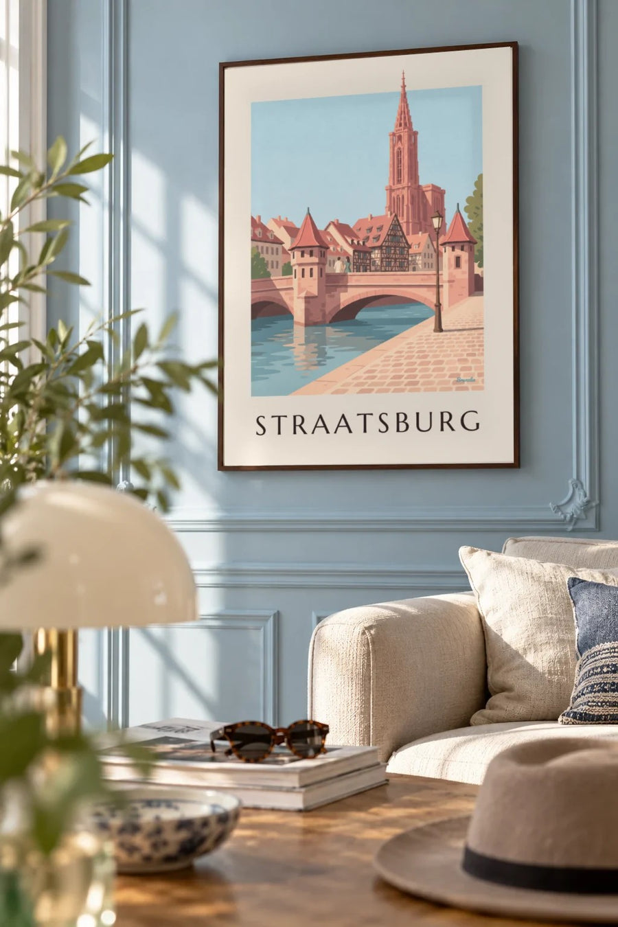 Poster kathedraal van Straatsburg en middeleeuwse brug: ingelijst aan de muur