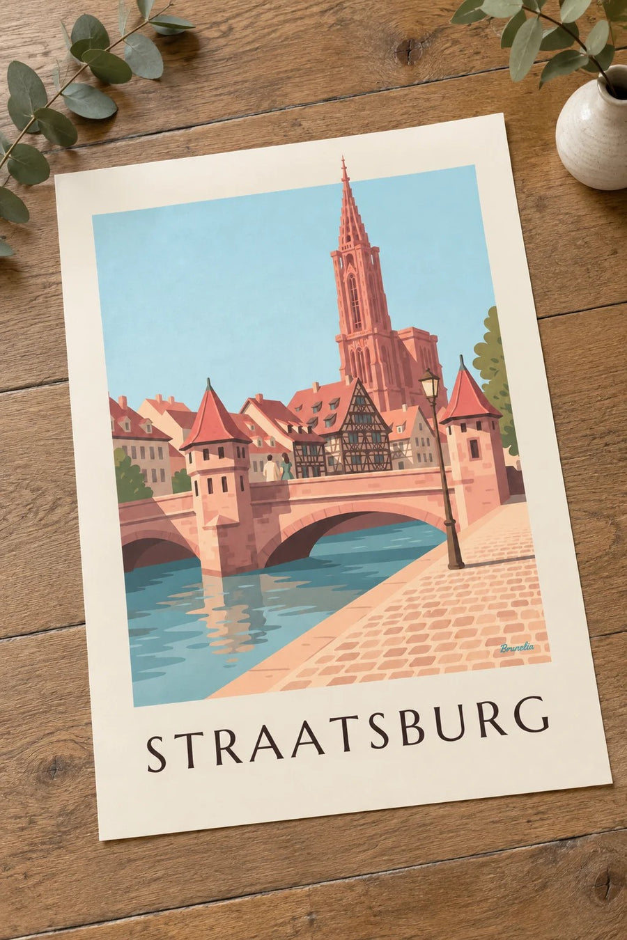 Poster kathedraal van Straatsburg en middeleeuwse brug: neergezet op een tafel