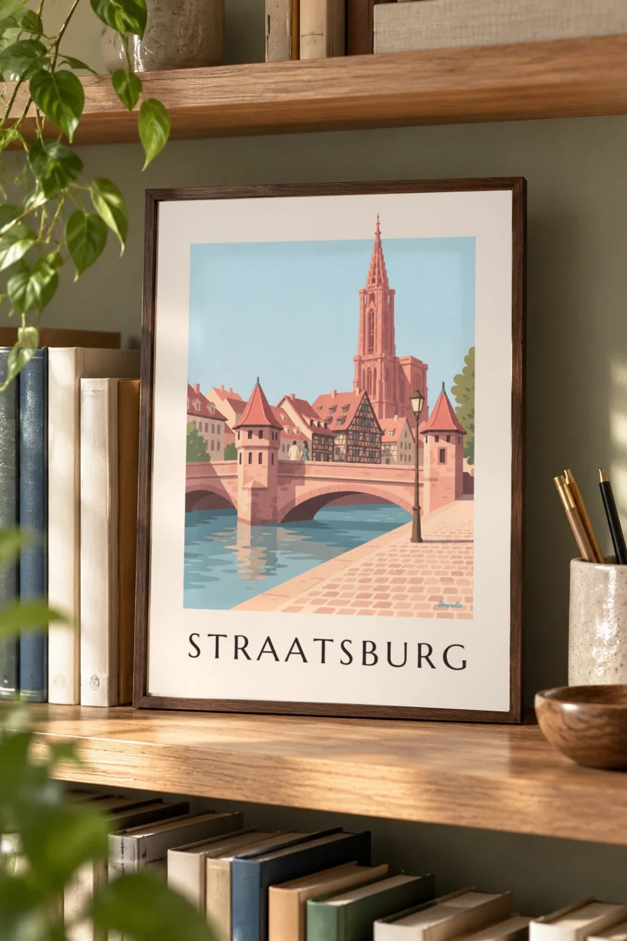 Poster kathedraal van Straatsburg en middeleeuwse brug: klein A4-formaat, ingelijst
