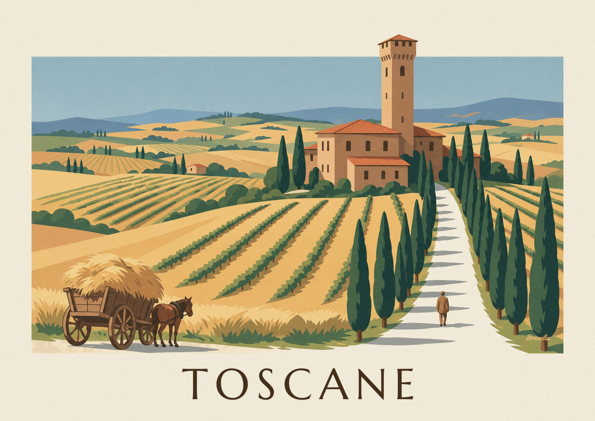 Poster Toscaanse villa, cipressenlaan en graanheuvels