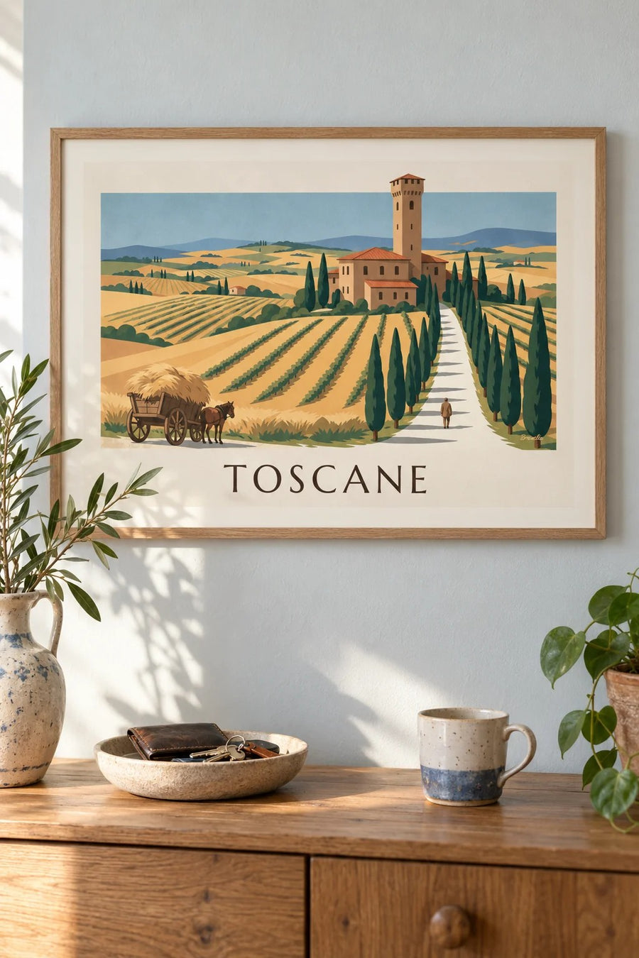 Poster Toscaanse villa, cipressenlaan en graanheuvels: ingelijst aan de muur
