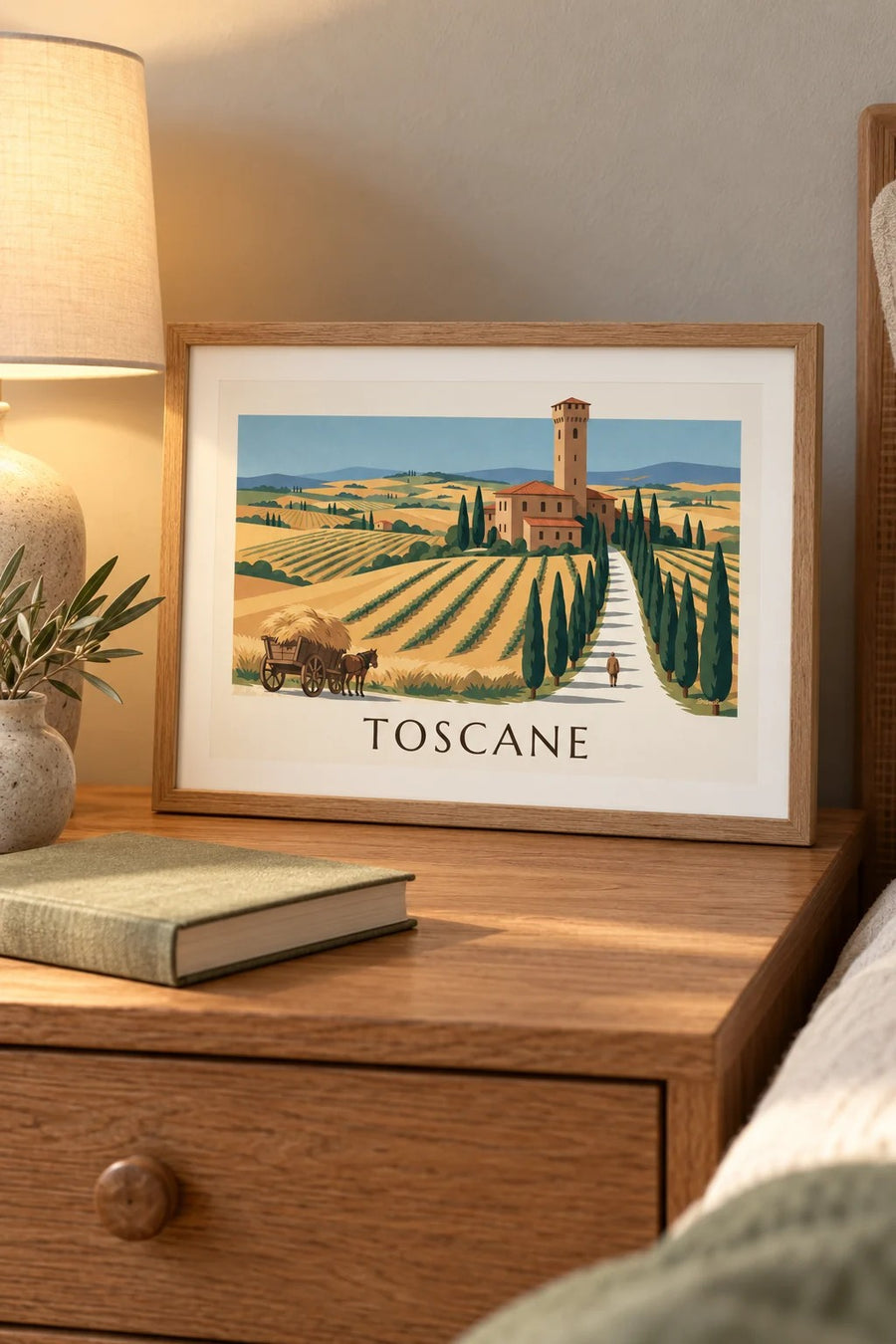 Poster Toscaanse villa, cipressenlaan en graanheuvels: klein formaat A4 ingelijst