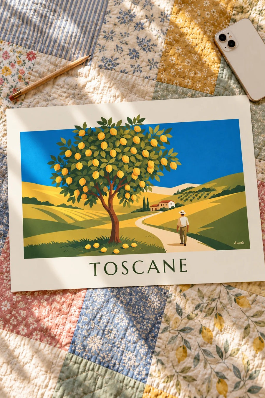 Poster citroenboom in een Toscaanse tuin in de zon: op een tafel gezet