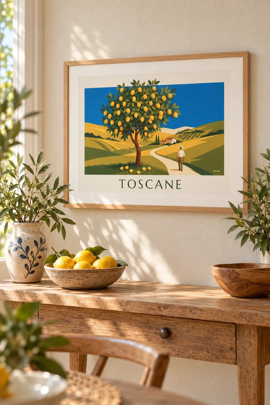 Poster citroenboom in een Toscaanse tuin in de zon: klein formaat A4 ingelijst