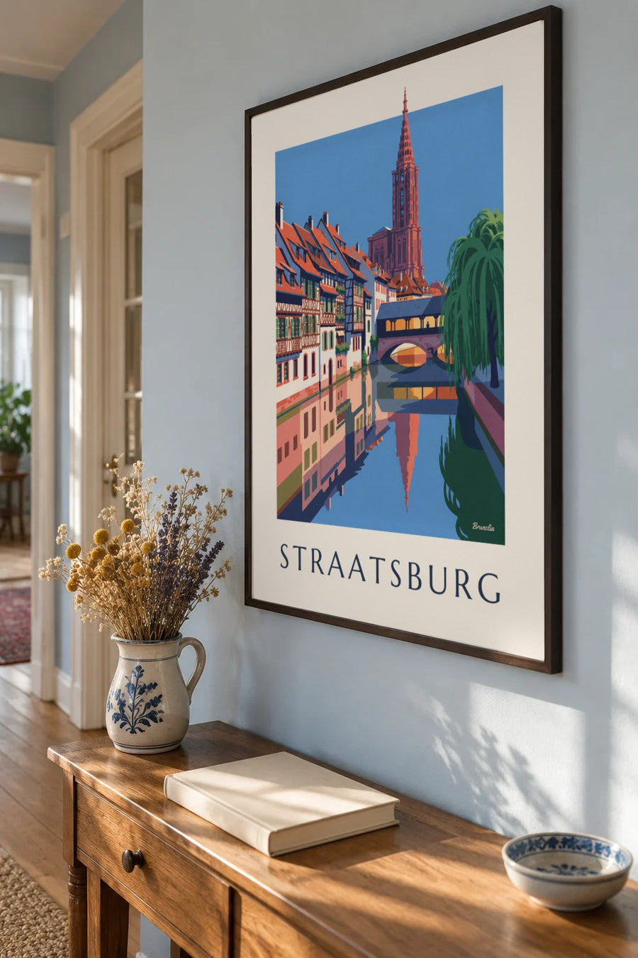 Poster vakwerkhuizen en overdekte brug in de Petite France in Straatsburg: ingelijst aan de muur