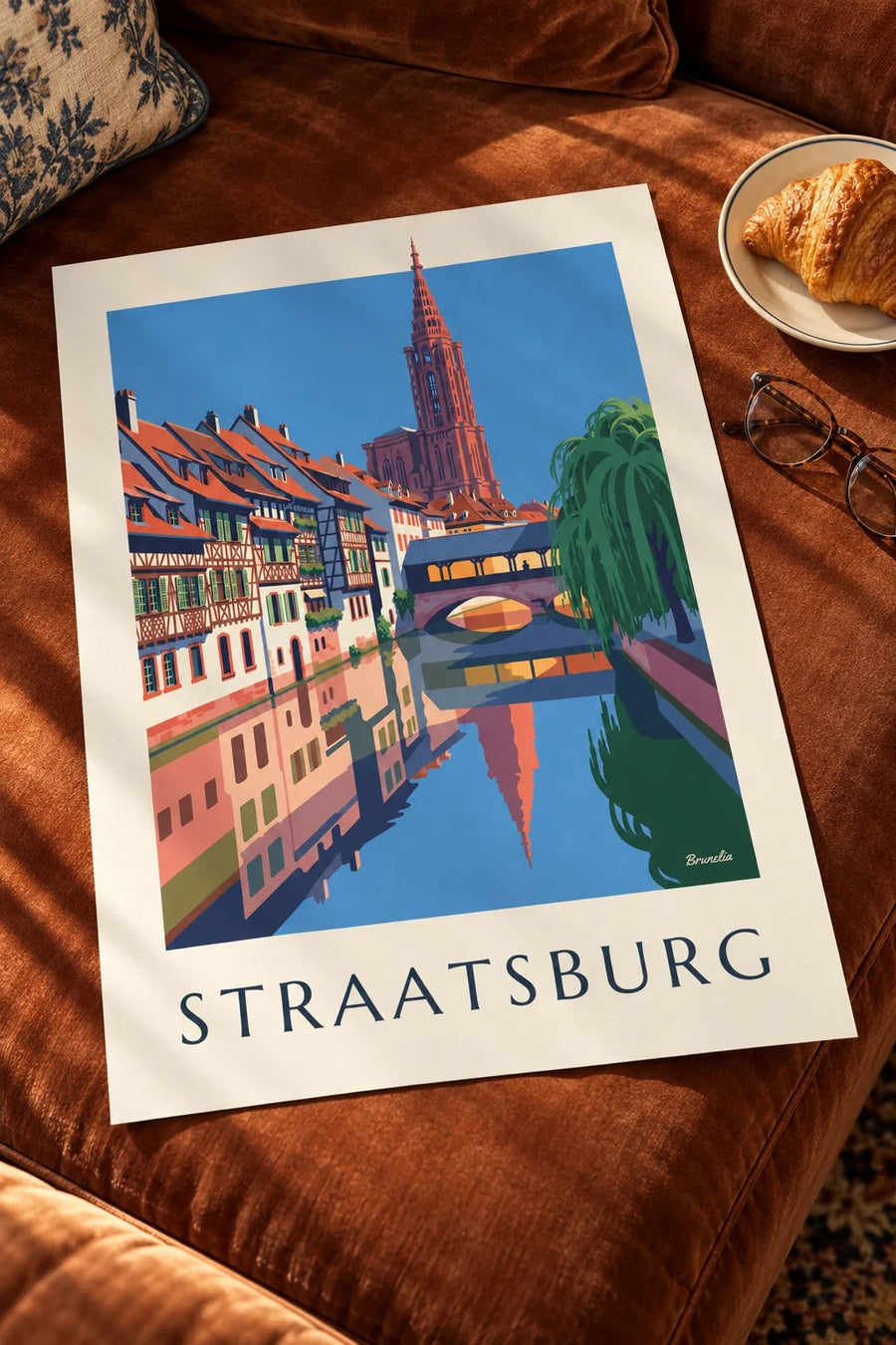 Poster vakwerkhuizen en overdekte brug in de Petite France in Straatsburg: op een tafel