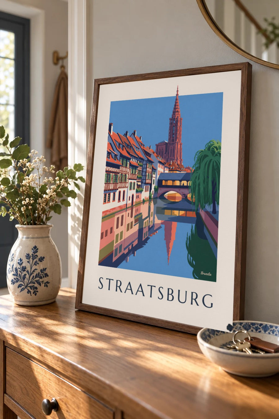 Poster vakwerkhuizen en overdekte brug in de Petite France in Straatsburg: klein formaat A4 ingelijst