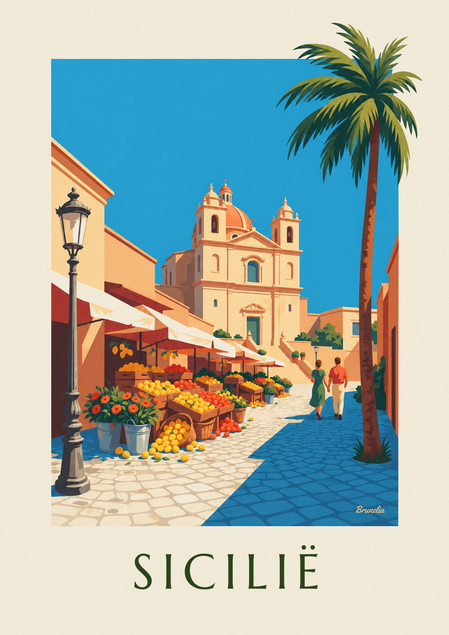 Poster Siciliaanse markt met citroenen, sinaasappels en bloemen: detail in close-up